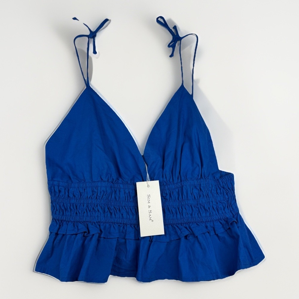 Sim & Sam Women's V-Neck Babydoll Cropped Tank Top Cobalt Blue Size XL Cotton